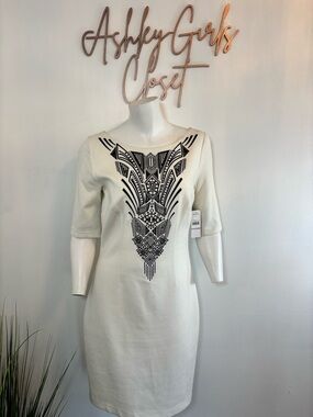 Laundry By Shelli Segal Cream Midi Dress with Black Tribal Embroidered Front